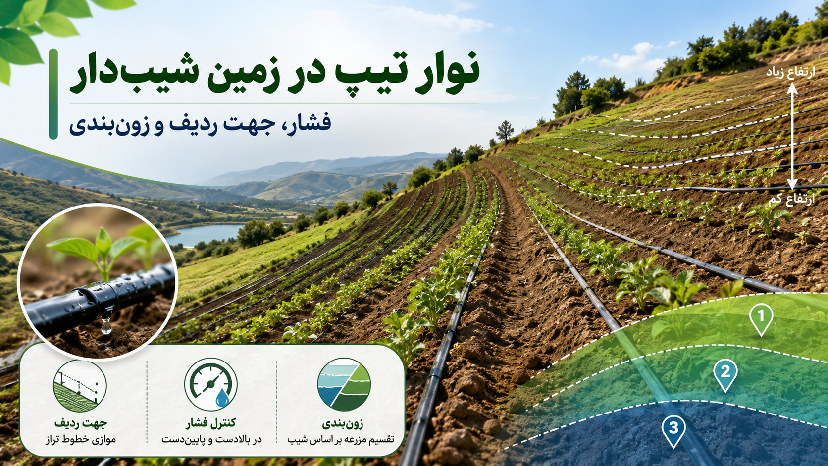 اجرای نوار تیپ در زمین شیب‌دار و کنترل فشار و زون‌بندی آبیاری