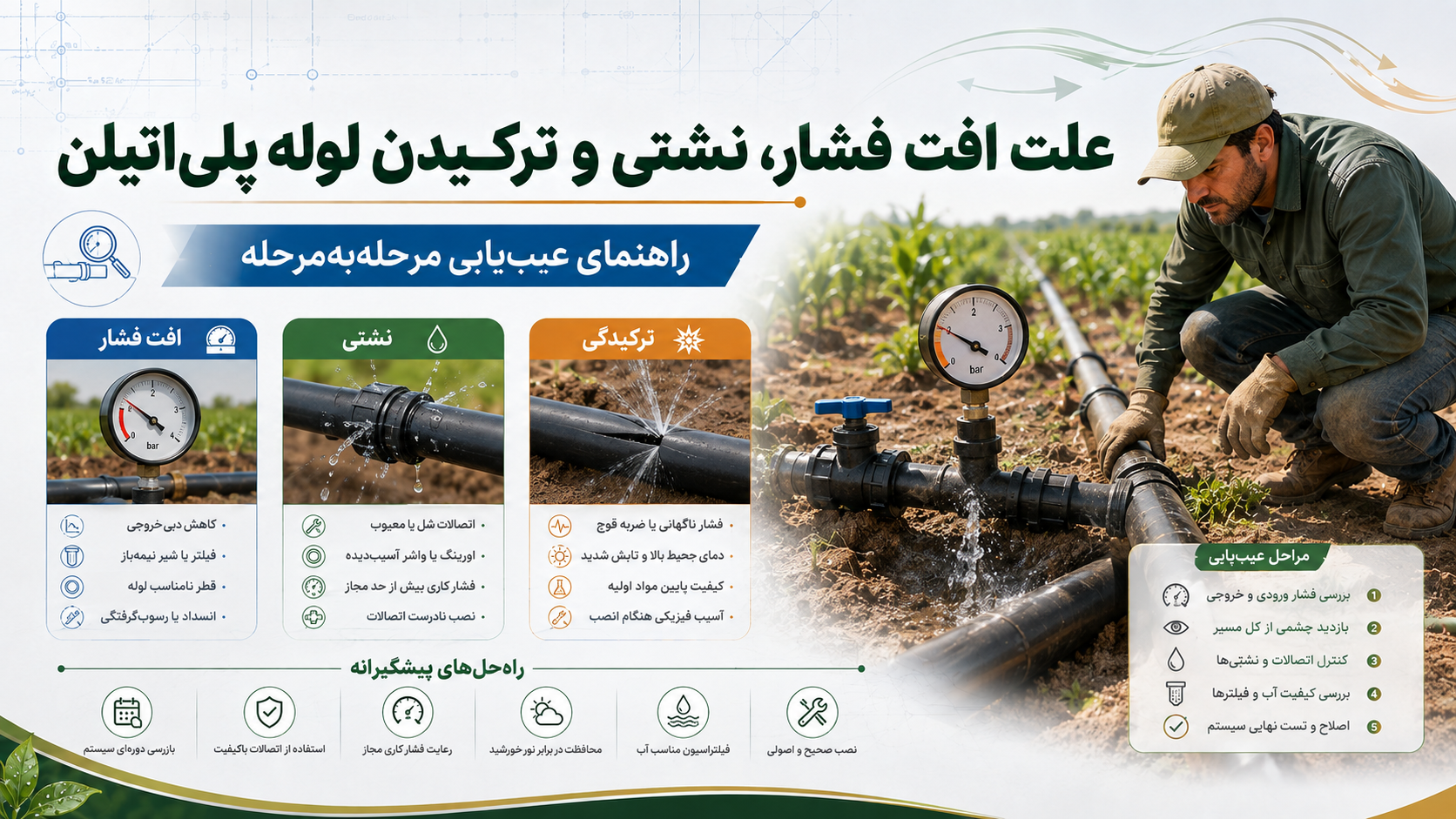 عیب‌یابی افت فشار و نشتی لوله پلی‌اتیلن در سیستم آبیاری