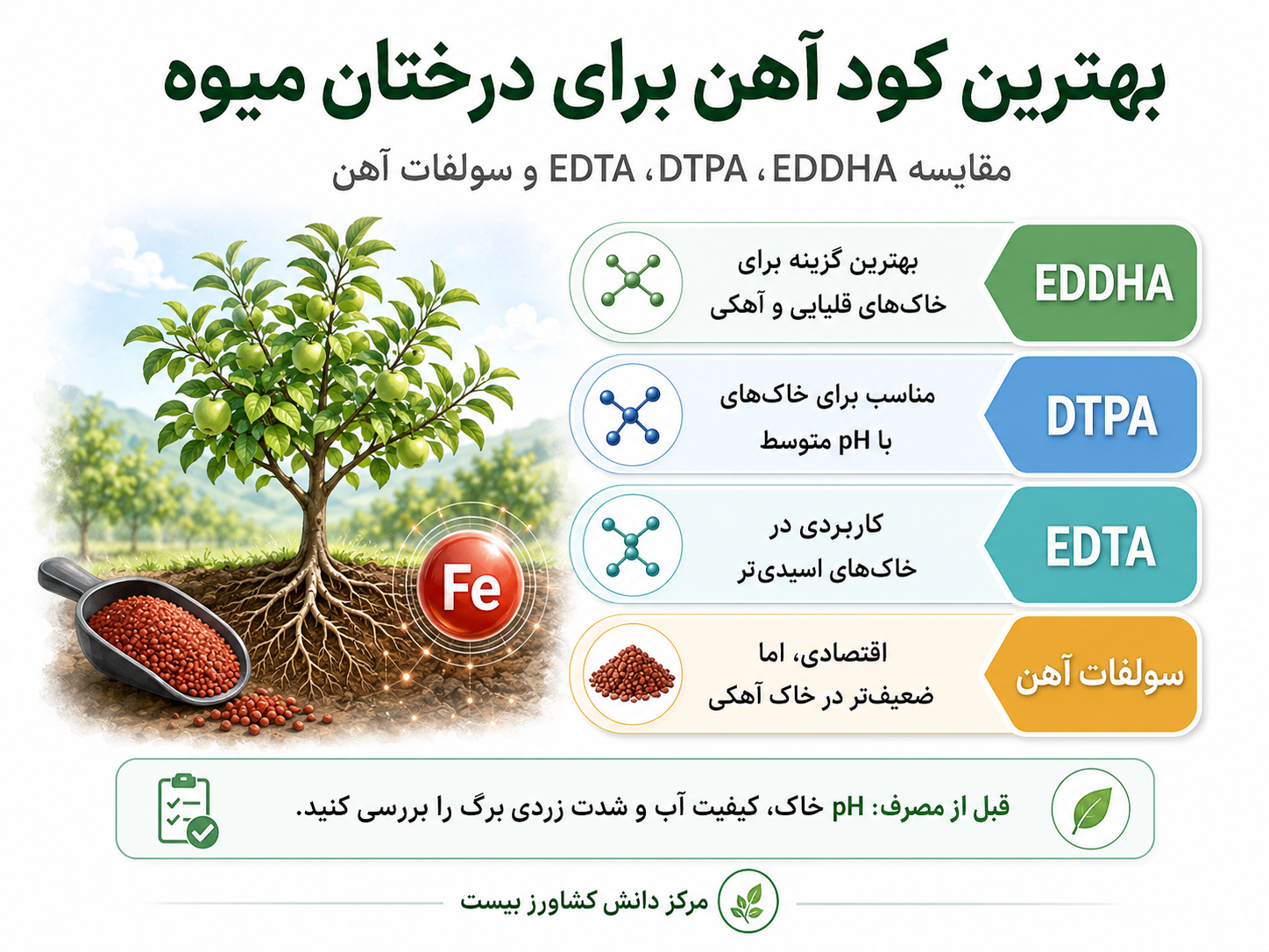 مقایسه انواع کود آهن EDDHA و DTPA و EDTA برای درختان میوه